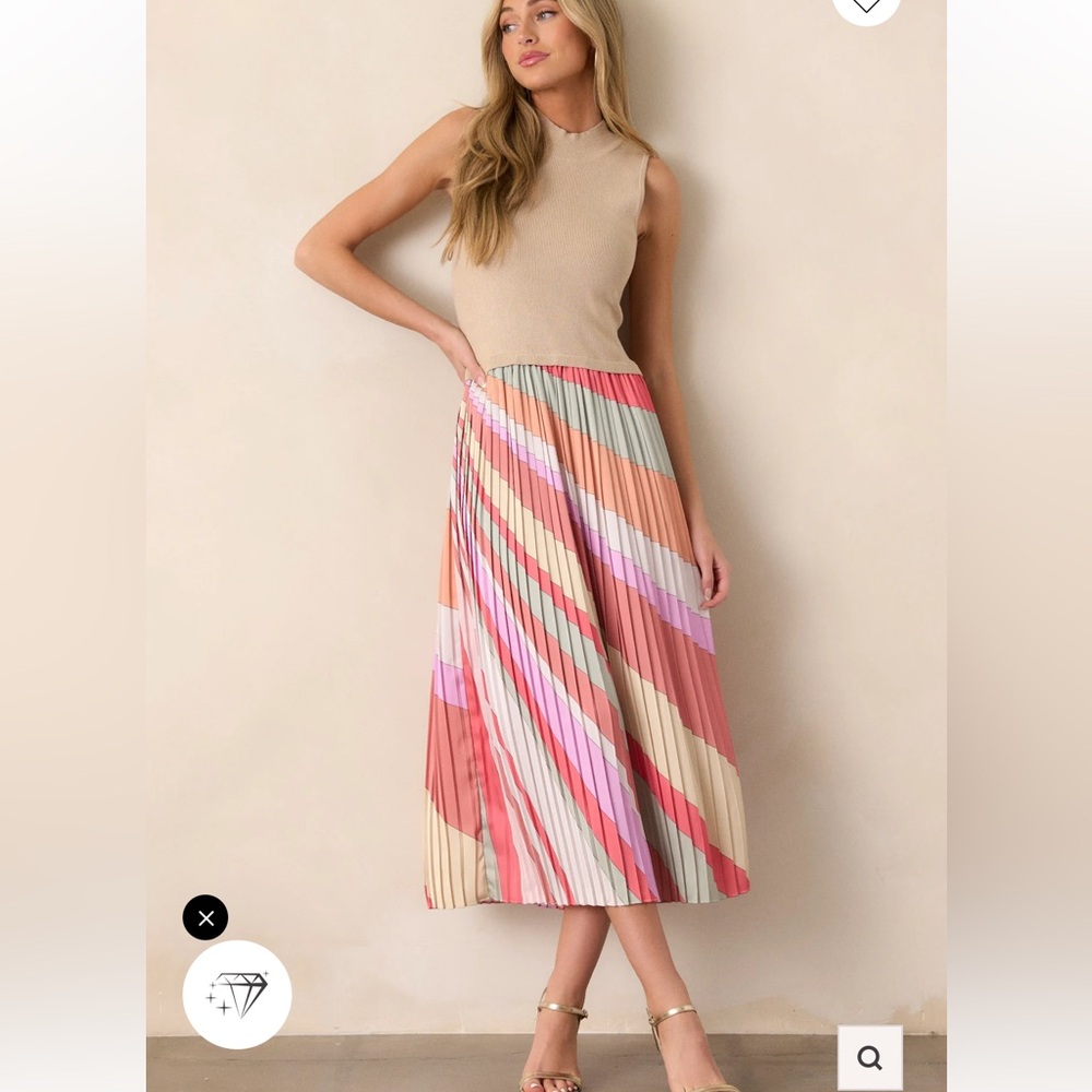 Pleated Multi-Color Stripe Midi Skirt - Pink & Coral Medium skies are blue - Picture 7 of 13